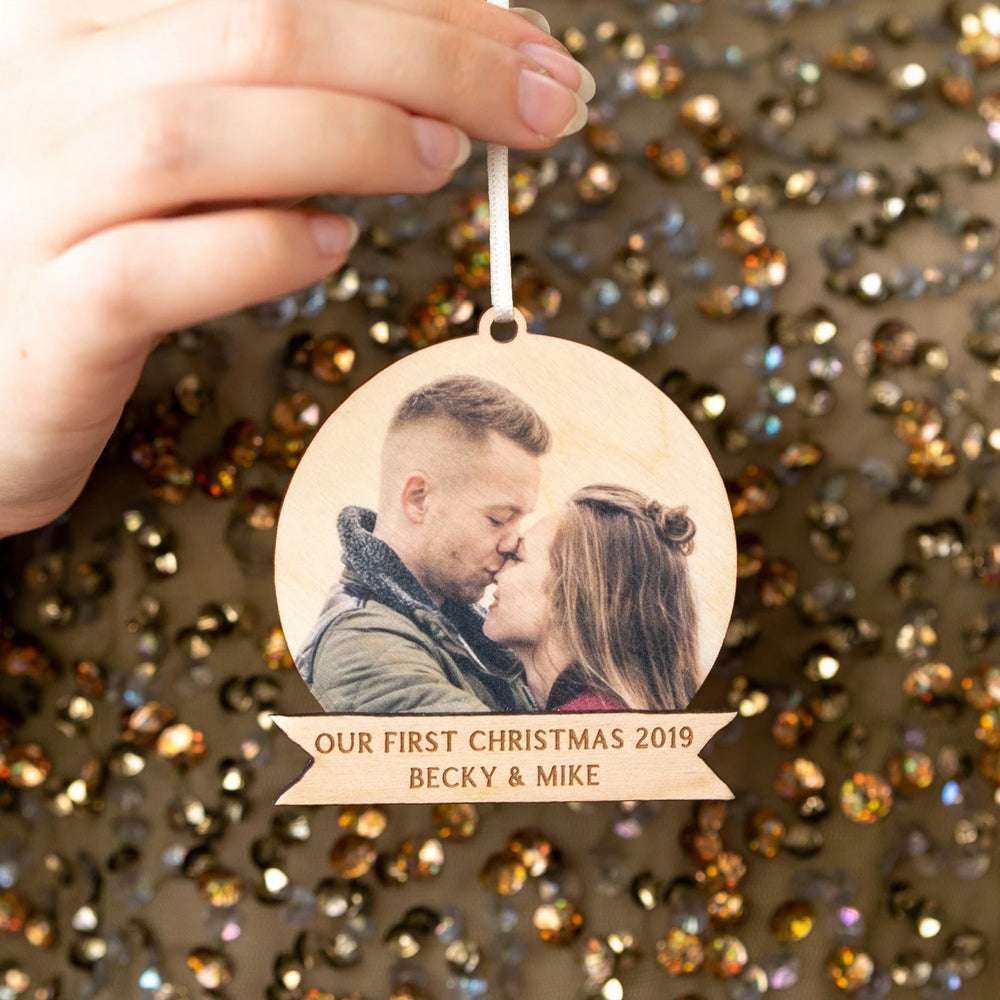 Personalised Christmas Engagement Photo BaubleClouds and Currents