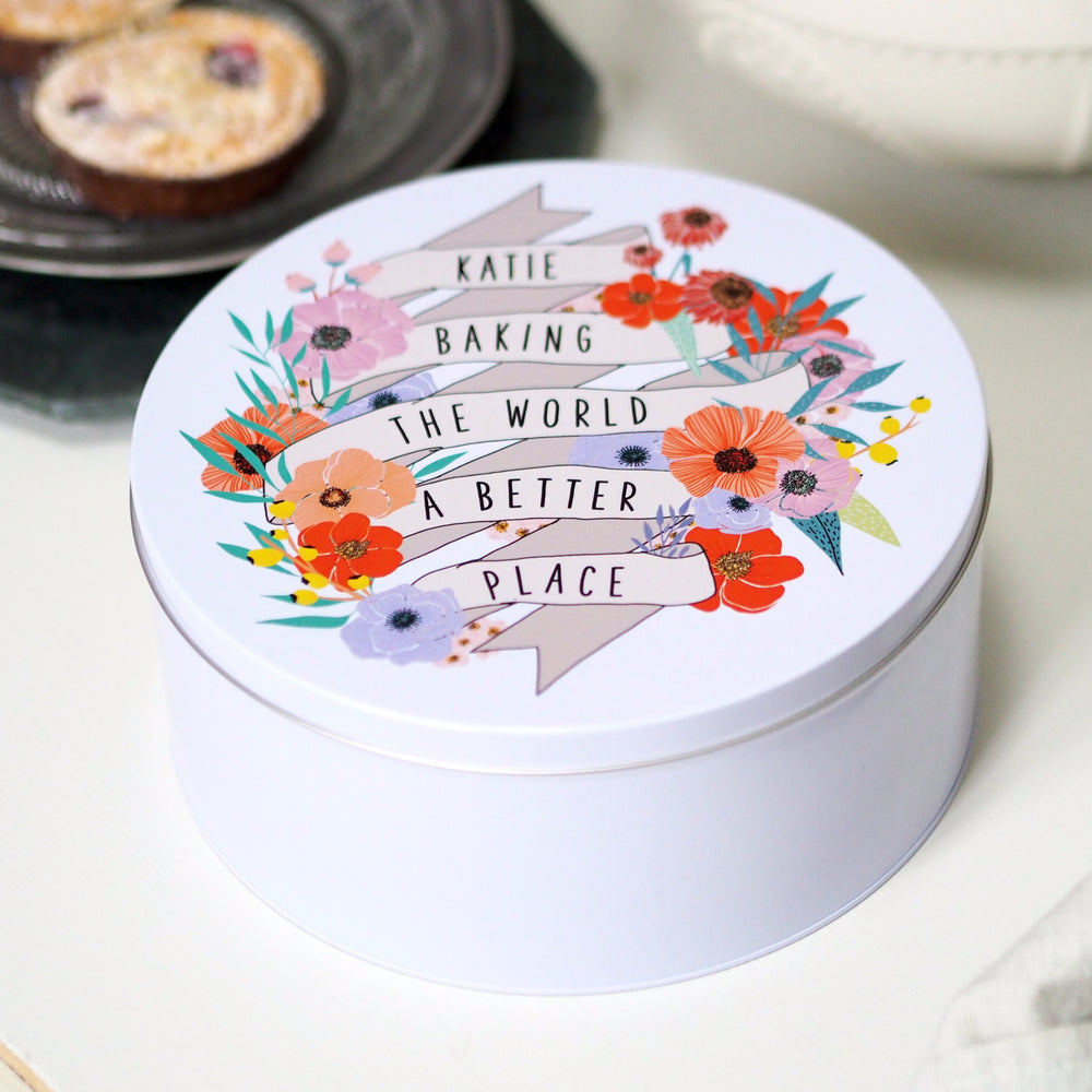 Personalised 'Baking The World A Better Place' Cake Tin by Clouds & Currents
